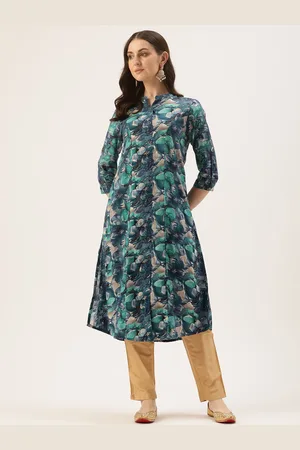 Amukti Floral Printed Roll Up Sleeves A-Line Kurta