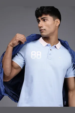 WROGN Men Blue & Pink Varsity Printed Polo Collar Pure Cotton T-shirt