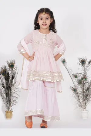 Little Bansi Girls Pink Embroidered Pleated Pure Cotton Kurti with Sharara & Dupatta