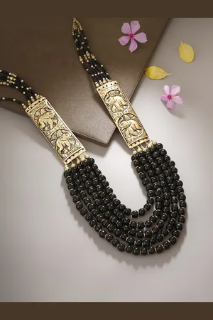 Bamboo Tree Jewels Bamboo Tree Gold-Toned & Black Beaded Handcrafted Necklace
