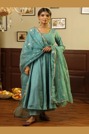 ASRUMO Women Floral Embroidered Regular Chanderi Silk Kurta with Trousers & With Dupatta