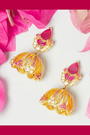 Voylla Women Gold-Toned & Pink American Diamond CZ Dome Shaped Jhumkas Earrings