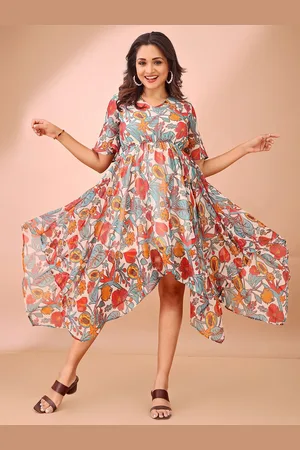DressBerry Floral Print Flared Sleeves Asymmetric Hem Fit & Flare Dress