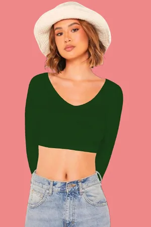 Dream Beauty Fashion Women Solid V-Neck Long Sleeves Crop Fitted Top