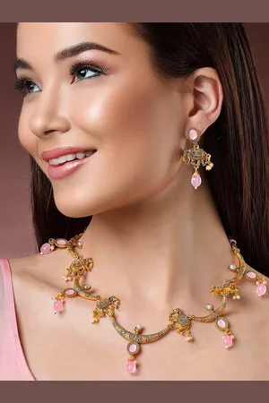 Lucky Jewellery Gold-Plated Artificial Stones Studded And Beaded Necklace And Earrings