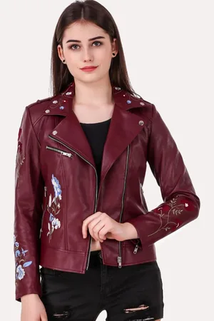 Leather Retail Women Red Floral Biker Jacket