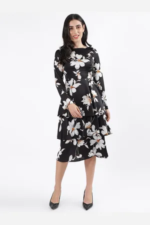 CENTRESTAGE Floral Print Boat Neck Long Sleeve Layered Fit & Flare Midi Dress