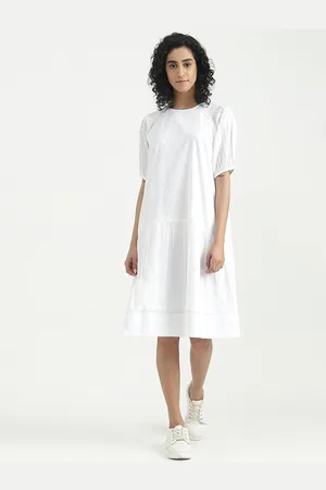 Benetton Self Design Smocked Cotton Drop-Waist Dress