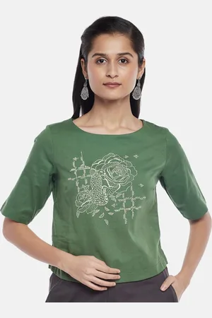 Pantaloons Women Olive Green Floral Print Cotton Top