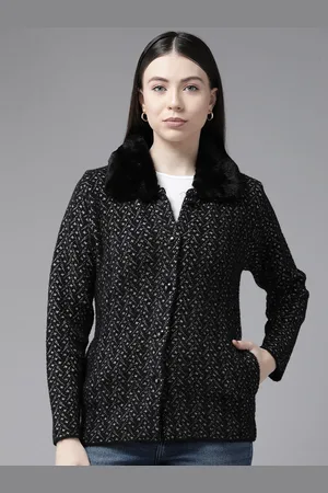 Cayman Women Self Design Woollen Cardigan with Faux Fur Detail
