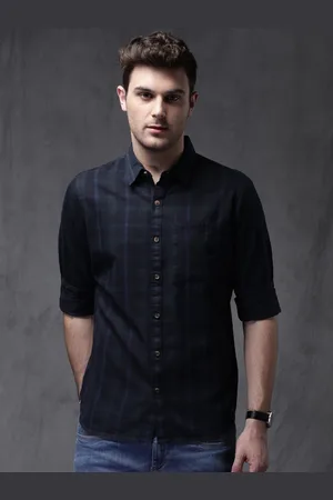 WROGN Men Navy Blue Checked Slim Fit Casual Shirt