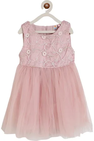Kids On Board Girls Peach-Coloured Embellished Cotton Dress with Bow