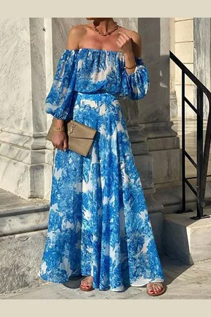 HERE&NOW Tie and Dye Print Off-Shoulder Maxi Dress