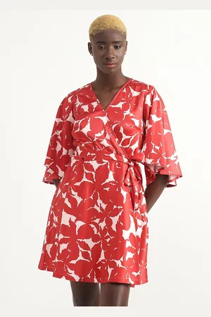 Benetton V-Neck Flared Sleeves Abstract Printed A-Line Dress