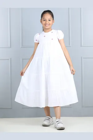 AWW HUNNIE Embroidery Round Neck Short Puff Sleeves Tiered Cotton A-Line Dress
