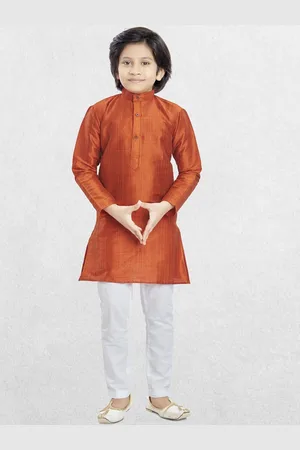 SHIWAM ETHNIX Boys Band Collar Long Sleeves Cotton Silk Straight Kurta With Pyjamas
