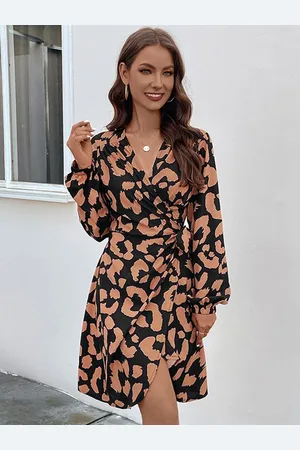 HERE&NOW Women Abstract Printed Puff Sleeves Wrap Dress