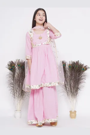 Little Bansi Girls Pink Floral Embroidered Regular Pure Cotton Kurta with Sharara & With Dupatta