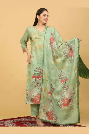 Goldstroms Women Floral Printed Regular Linen Kurta with Trousers & With Dupatta