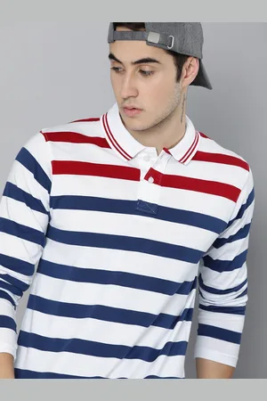 HERE&NOW Men White & Navy Blue Striped Polo Collar T-shirt