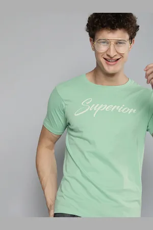 HERE&NOW HERENOW Men Sea Green Typography Printed Pure Cotton T-shirt