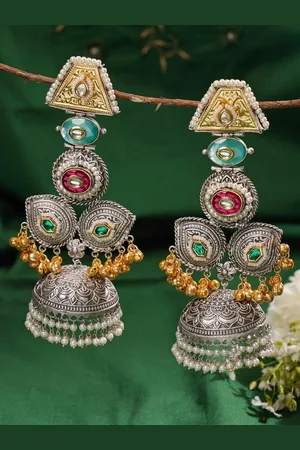 ABDESIGNS Silver-Plated Classic Artificial Stones and Beads Drop Earrings