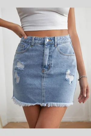 KOTTY Denim Fringed Straight Skirt