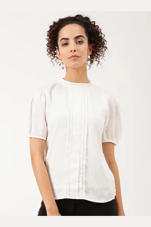 CENTRESTAGE Women White Solid Pleated Mandarin Collar Top
