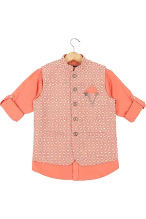 CAVIO Boys Peach-Colored Schiffli Nehru Jacket With Shirt