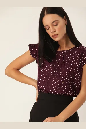Invictus Women Burgundy & Beige Polka Dot Printed Top With Gathers & Ruffles
