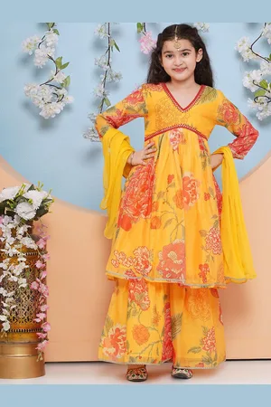 Bhama Girls Floral Printed Empire Sequinned Kurta with Sharara & With Dupatta