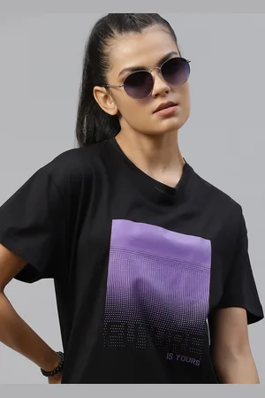 Roadster The Lifestyle Co Women Black Purple Typography Printed Pure Cotton T-shirt