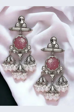 Sangria Silver-Toned Kundan Studded Contemporary Oxidised Drop Earrings