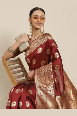 Varanga Maroon & Golden Ethnic Motifs Zari Silk Blend Banarasi Saree
