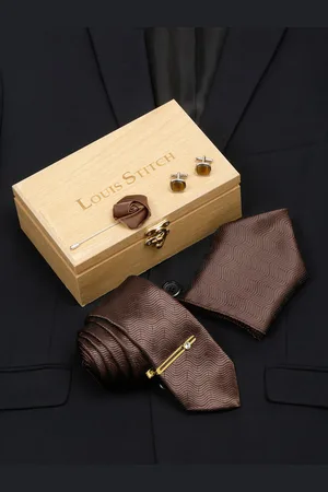 LOUIS STITCH Men Van Dyke Brown Italian Silk Necktie Accessory Gift Set