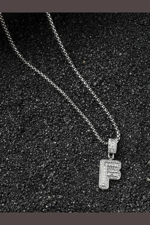 French Accent Silver-Plated F Alphabet-Shaped Stones-Studded Pendant With Chain