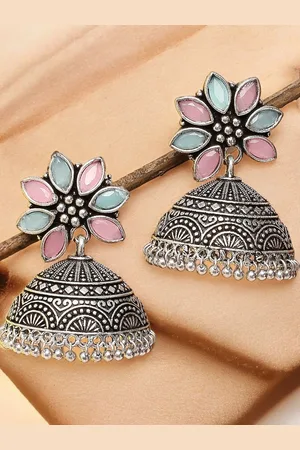 Sangria Stones Studded & Beaded Dome Shaped Oxidized Jhumkas