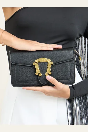 Styli Black Textured Buckle Detail Structured Shoulder Bag
