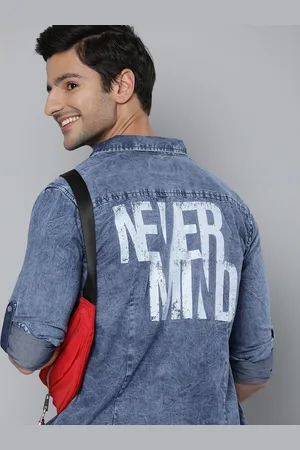 HERE&NOW Men Blue Slim Fit Faded Opaque Casual Shirt with Typography Print