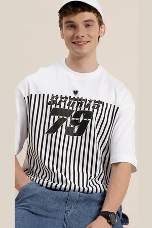 HERE&NOW Pure Cotton Typography Printed Striped Drop-Shoulder Sleeves Relaxed Fit T-shirt