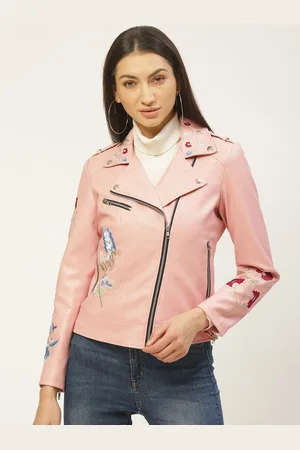 Leather Retail Women Peach-Coloured Embroidered Detail Lightweight Biker Jacket