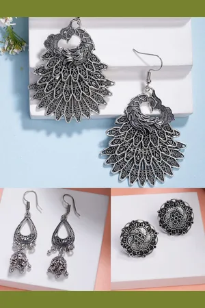 NVR Women Set of 3 Silver Plated Oxidised Fashion Traditional Earrings