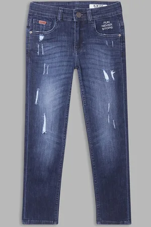 Blue Giraffe Boys Blue Straight Fit Mildly Distressed Light Fade Stretchable Cotton Jeans