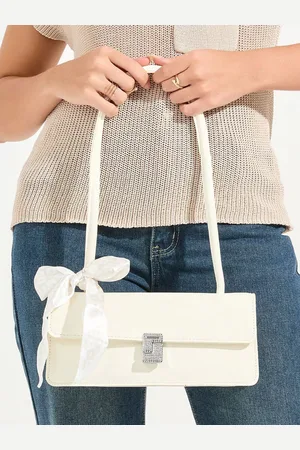Styli Off White Shinny Textured Structured Shoulder Bag With Scarf Detail