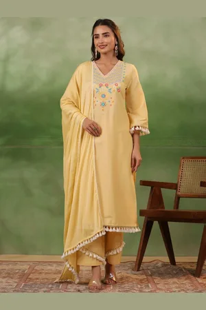 AUTUMN LANE Floral Embroidered Regular Pure Cotton Straight Kurta with Trousers & Dupatta