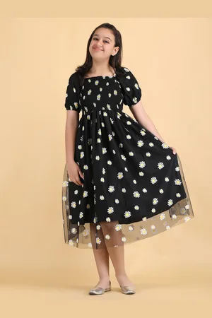 DEKLOOK Girls Floral Printed Square Neck Smocked Georgette Fit & Flare Midi Dress