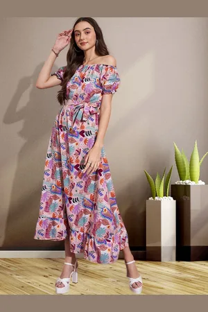 DressBerry Tropical Printed Tie-Ups Detail A-Line Midi Dress