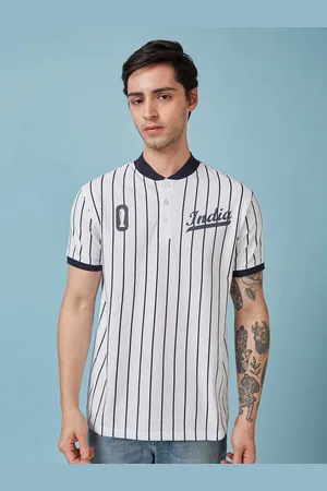 FanCode Men Printed Mandarin Collar Monochrome Applique T-shirt