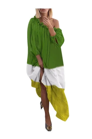 HERE&NOW Women Colourblocked One Shoulder Puff Sleeve A-Line Maxi Dress