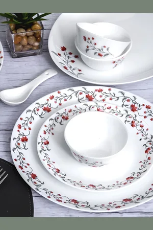 Cello White & Red 35 Pieces Printed Opalware Dinner Set